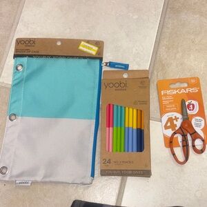 Yoobi Blue and Gray Binder Case with Pencils and Fiskars Scissors